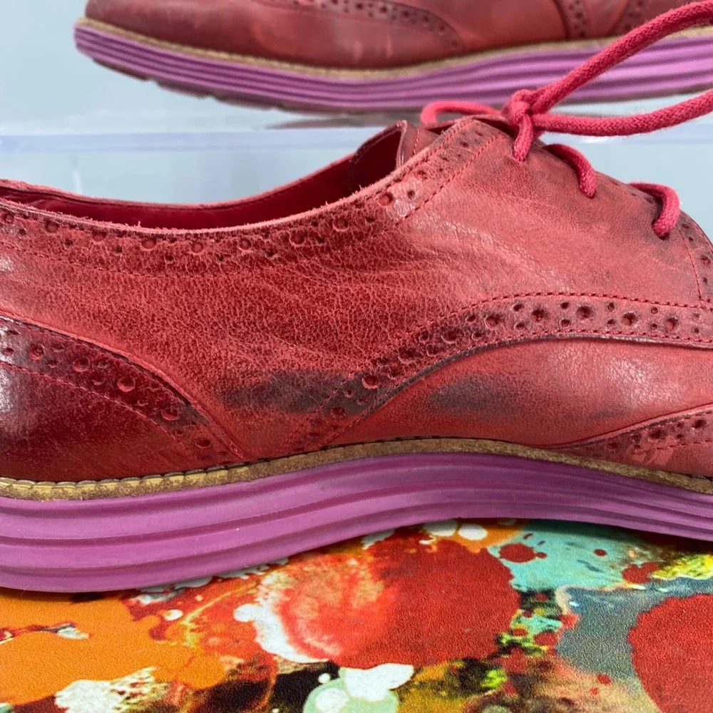Cole Haan Lunargrand Red Leather Wingtip Oxford Shoes Purple Sole Womens 10